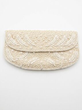 Vintage Cream Seed Bead Envelope Clutch Mid-Century Evening Bag